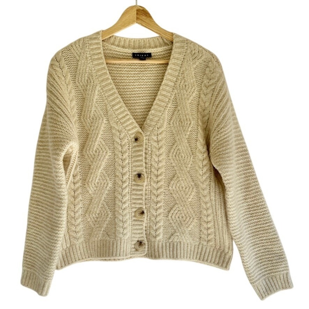 Tribal Womens Cardigan Sweater L/G Cable Knit V-Neck Button Front‎ Beige